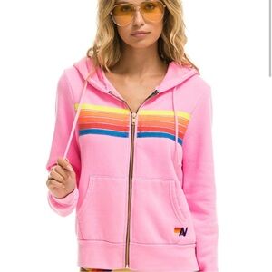 Aviator Nation Pink Boxy Hoodie with Rainbow Stripes